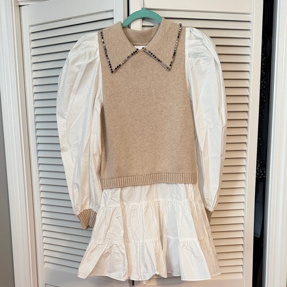 QUEEN OF SPARKLES Beige Long Sleeve Dress with Jewel Accents - Picture 2 of 3